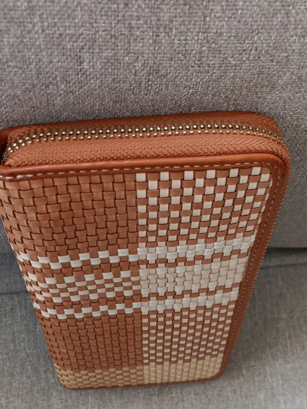 Tory Burch Thea Boho Woven Leather Zip Continental Wallet Cream& Brown with Logo